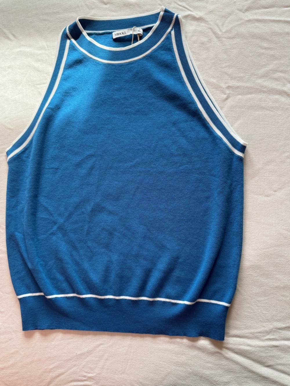 NWT Miholl Blue Knit Halter Tank Top with White Trim
